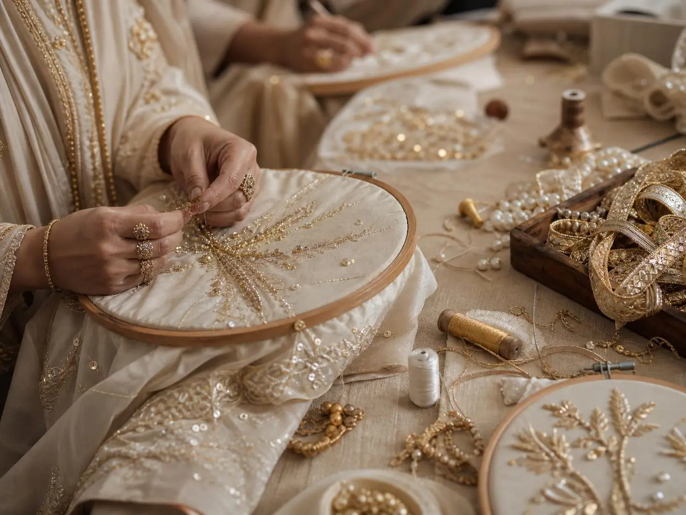 Pakistani women artisans handcrafting gota work and gold embroidery on ivory lawn fabric